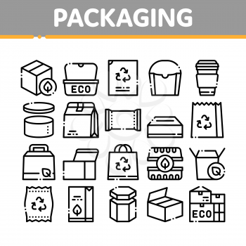 Packaging Collection Elements Vector Icons Set Thin Line. Carton Open And Closed Packaging Concept Linear Pictograms. Parcel, Box Container Delivery Shipping Equipment Black Contour Illustrations