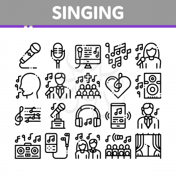 Singing Song Collection Elements Vector Icons Set. Singer And Musical Notes, Microphone And Headphones, Concert, Opera And Singing In Karaoke Concept Linear Pictograms. Black Contour Illustrations