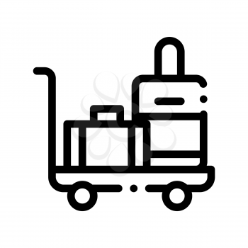 Baggage Cart With Valise Vector Thin Line Icon. Luggage On Transportation Cart Hotel Performance Of Service Equipment Linear Pictogram. Business Hostel Items Monochrome Contour Illustration
