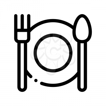 Plate Fork And Spoon Vector Sign Thin Line Icon. Plate With Flatware Restaurant Mark, Hotel Performance Of Service Equipment Linear Pictogram. Business Hostel Items Monochrome Contour Illustration