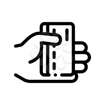 Hand Holding Plastic Card Vector Thin Line Icon. Plastic Credit Card, Hotel Performance Of Service Equipment Linear Pictogram. Business Hostel Items Monochrome Contour Illustration
