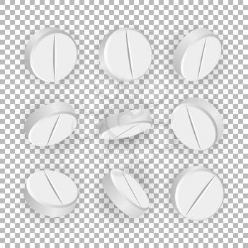 White 3D Medical Pills Or Drugs Vector Illustration. Set Of Realistic Tablets Isolated On Checkered Background. Vitamin