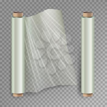 Roll Of Wrapping Stretch Film Vector. Opened And Closed Polymer Packaging. Cellophane, Plastic Wrap. Isolated On Transparent Background