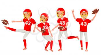 American Football Young Man Player Vector. Red White Uniform. Stadium Football Game. Man. Flat Athlete Cartoon Illustration