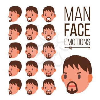 Man Emotions Vector. Handsome Face Man. Different Male Face Avatar Expressions Set. Cute, Joy, Laughter, Sorrow. Human Psychological Portraits. Isolated Flat Cartoon Illustration