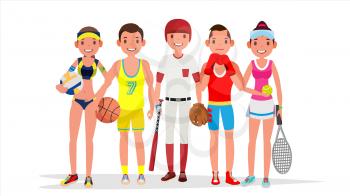 Summer Sports Vector. Set Of Players In Boxing, Basketball, Volleyball, Baseball. Isolated Flat Cartoon Illustration