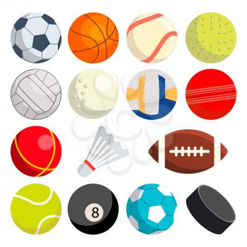 Sport Balls Set Vector. Round Sport Equipment. Game Classic Balls. Gaming Icons. Soccer, Rugby, Baseball, Basketball Tennis Puck Volleyball Illustration