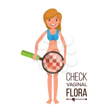 Check Vaginal Flora Vector. Naked Woman With Magnifying Glass. Censored Skin. Body Female Healthcare Venereal Disease Sex Concept.