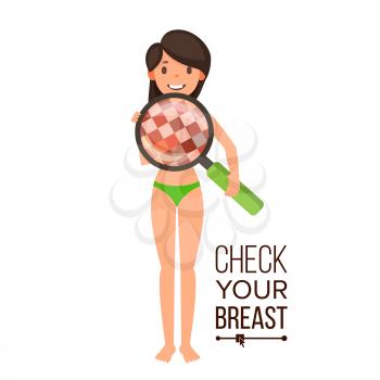 Check Your Breast Vector. Naked Woman, Magnifying Glass. Censored Skin. Body Female Healthcare Sex Concept. Oncology, Tumor. Medical Flyer, Brochure. Check Breast Cancer Isolated