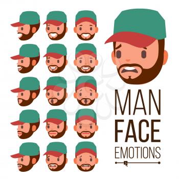 Man Emotions Vector. Handsome Face Man. Cute, Joy, Laughter, Sorrow. Human Psychological Portraits. Isolated Flat Cartoon Illustration