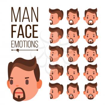 Man Emotions Vector. Handsome Face Man. Cute, Joy, Laughter, Sorrow. Human Psychological Portraits. Isolated Flat Cartoon Illustration