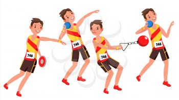 Athletics Male Player Vector. Playing In Different Poses. Man Athlete. Isolated On White Cartoon Character Illustration