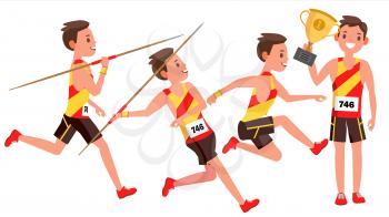 Athletics Young Man Player Vector. Man. Sportsman Win Concept. Various. Race Competition. Hurdle long Jump. Flat Athlete Cartoon Illustration