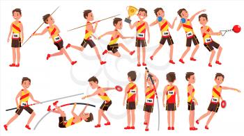 Athletics Young Man Player Vector. Man. Sportsman Win Concept. Various. Race Competition. Hurdle long Jump. Flat Athlete Cartoon Illustration