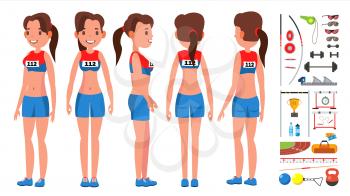 Athletics Girl Player Female Vector. Athletic Sport Competition. Sports Equipment. Sprinter. Sprint Start. Cartoon Athlete Character Illustration