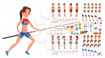 Athletics Player Male, Female Vector. Athlete Animated Character Creation Set. Man, Woman Full Length, Front, Side, Back View, Accessories, Poses, Face Emotions Gestures Cartoon Illustration