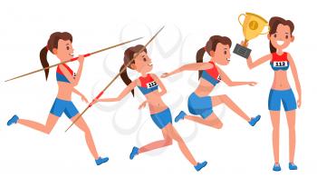 Athletics Player Female Vector. Competition Concept. Energetic People. High Jump. Doing Different Track. Athlete Isolated Flat Cartoon Character Illustration
