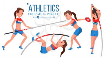 Athletics Female Player Vector. Playing In Different Poses. Woman. Athlete Isolated On White Cartoon Character Illustration