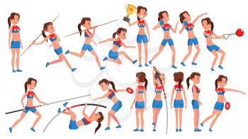 Athletics Female Player Vector. Win Concept. Various. Race Competition. Hurdle long Jump. In Action. Cartoon Character Illustration