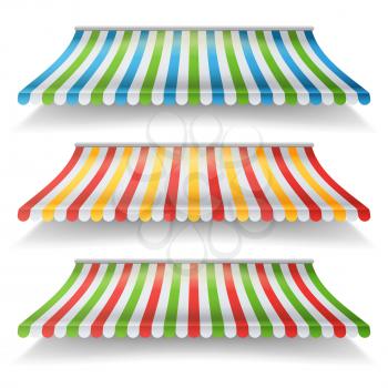 Striped Awnings Vector Set. Large Striped Awnings For Shop And Market Store. Design Element For Shops, Store Front. Isolated Illustration