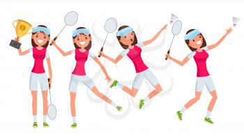 Badminton Player Female Vector. Summer Game. Shuttlecock. Isolated Flat Cartoon Character Illustration