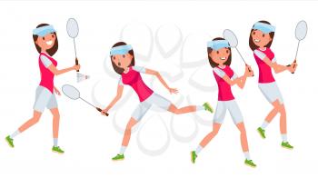 Badminton Young Woman Player Vector. Girl Athlete Player. Jumping, Practicing. Flat Cartoon Illustration