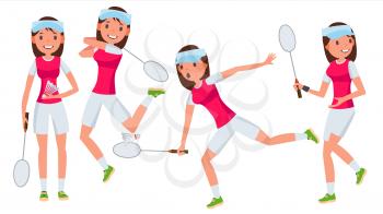 Badminton Female Player Vector. Playing In Different Poses. Woman. Athlete Isolated On White Cartoon Character Illustration