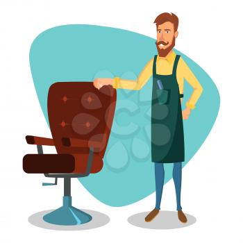 Modern Barber Character Vector. Hipster Man Barber Standing Near Lounge Chair. Classic Lounge Chair.
