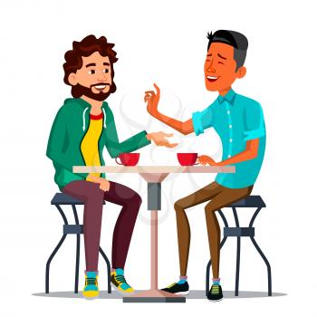 Two Man Friends Drinking Coffee Vector. Best Friends In Cafe. Sitting Together In Restaurant. Have Fun. Communication Breakfast Concept. Isolated Flat Cartoon Illustration