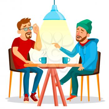 Friends In Cafe Vector. Two Man. Drinking Coffee. Bistro, Cafeteria. Coffee Break Concept. Lifestyle. Communication, Laughter Isolated Cartoon Illustration