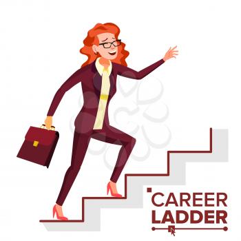 Business Woman Climbing Career Ladder Vector. Fast Growth. Stairs. Job Success Concept. Step By Step. Cartoon Illustration