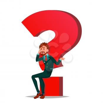 Question Mark Businessman Vector. Task, HR Concept. Find New Job. Huge Red Question Mark. Cartoon Illustration