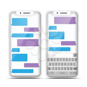 Social Messenger Vector. Speech Bubbles Constructor. Realistic Modern Mobile Application Messenger Interface. Smartphone With Chat On Screen. Empty Text Boxes. Illustration