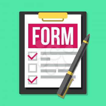 Claim Form Vector. Business Document. Accident, Survey, Exam, Insurance Concept. Pen Top view Flat Cartoon Illustration