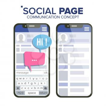 Social Page On Smartphone Vector. Speech Bubbles. Social Media App Interface. Isolated Illustration