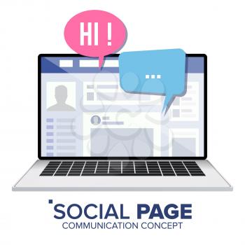 Social Page On Laptop Vector. Speech Bubbles. Social Personal Profile Account. Isolated Illustration