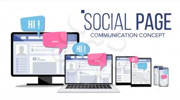 Social Page On Computer Monitor, Laptop, Tablet, Mobile Phone Vector. Electronic Gadget. Speech Bubbles. Communication Concept. Isolated Illustration