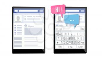 Social Page On Tablet Vector. Speech Bubbles. Application Profile. Friendship And Business Contacts. Isolated Illustration