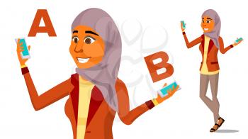 Arab Woman Comparing A With B Vector. Good Idea. Carrying A Balance. Blogger Review. Compare And Choose. Isolated Cartoon Illustration
