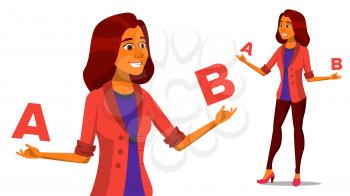 European Woman Comparing A With B Vector. Creative Idea. Balancing. Customer Review. Compare Objects, Purchases, Ideas, Strategies. Isolated Cartoon Illustration