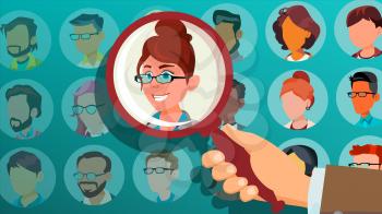 Human Recruitment Vector. Woman. Hand Picking Woman. Stand Out From Crowd. Business Team. Select Candidate Person. Pick From The Crowd. Employer Choice. Illustration