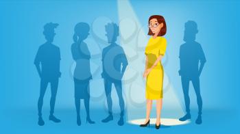 Woman Stand Out From The Crowd Vector. Job And Staff, Human And Recruitment. Business Success. Good Idea, Independence, Leadership. Illustration