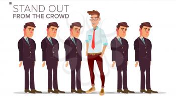 Man Stand Out From The Crowd Vector. Choosing Worker. Smiling Business Man. Standing Office Workers. Job And Staff, Human And Recruitment. Flat Illustration
