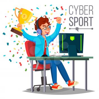 Cyber Sport Player Vector. Sitting At The Table. Cyber Sport Tournament. Competitive MMORPG. Final Match. Game Tactic. Flat Cartoon Illustration