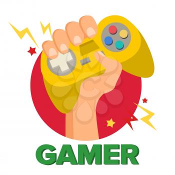 Gamer Hand With Joy Stick Vector. Game Concept. Video Game Console, Controller Symbol, Gamepad. Isolated Cartoon Illustration