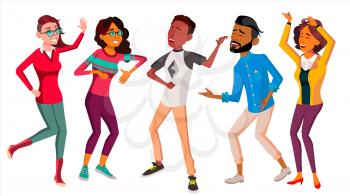 Dancing People Set Vector. Holiday Vacation Party. People Listening To Music. Isolated Flat Cartoon Illustration