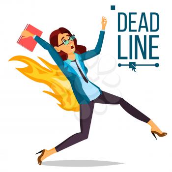 Deadline Concept Vector. Stressed Office People. Running Business Woman On Fire. Time Management. Struggling With Deadline. Overwork, Chaos In Office. Work. Illustration