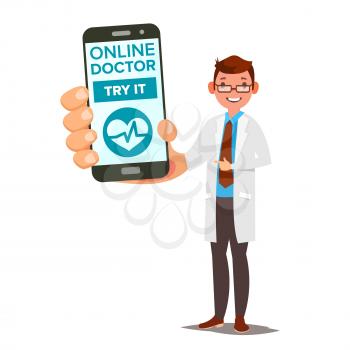 Online Doctor Mobile Service Vector. Man Holding Smartphone With Online Consultation On Screen. Medicine Support. Healthcare App. Isolated Illustration