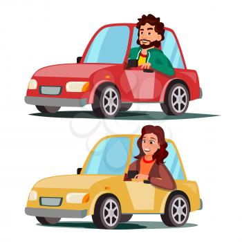 Driver People Vector. Man, Woman Sitting In Modern Automobile. Buy A New Car. Driving School Concept. Happy Female, Male Motorist. Isolated Cartoon Character Illustration