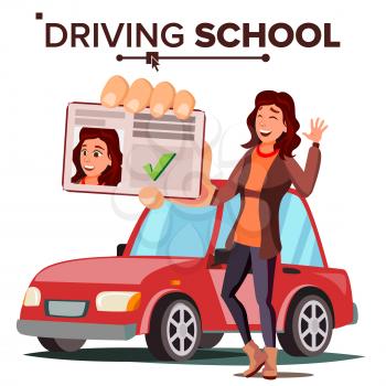 Woman In Driving School Vector. Training Car. Successful Pass Exam. Driving License. Flat Illustration